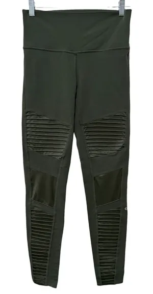 Alo Yoga Womens Full Length Moto High Rise Leggings Pants Sz L Green Mesh Panel thumbnail 1