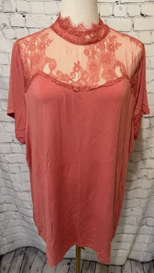 Haute Hippie coral-colored short-sleeve top featuring a sheer lace yoke XL thumbnail 1