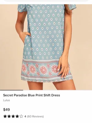 Lulus Women’s Secret Paradise Blue Print Shift Short Sleeve Mini Dress Size L thumbnail 3