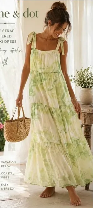 Line & Dot Green Tie Dye Tiered Maxi Dress Tie Strap Sz Small Cottagecore Summer thumbnail 1