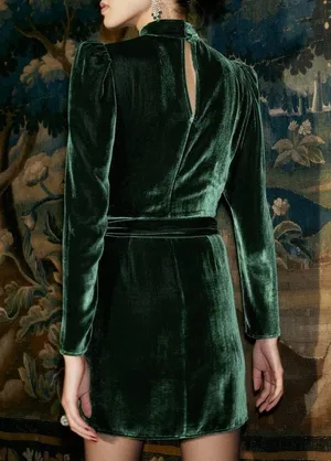Reformation BURGUNDY green velvet mock neck long sleeve wrap mini dress size 6 thumbnail 2