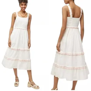 J.Crew White Cotton Scalloped-Trim‎ Tiered Midi Dress Size 0 Pockets Resortwear thumbnail 2