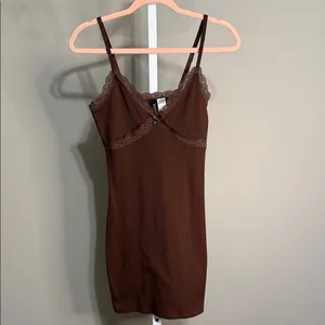Divided Brown Lace Trim Ribbed Dress Small Y2K Coquette Dark Feminine Romantic‎ thumbnail 2