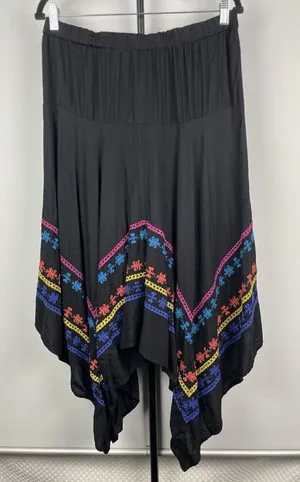 Azel Hazel Black Colorful Embroidered Handkerchief Hem Elastic Waist Skirt Sz L‎ thumbnail 1