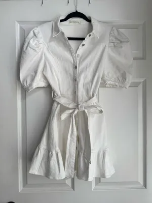 Puff Sleeve White Mini Dress with Tie Waist thumbnail 1
