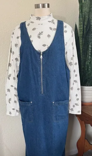 Vintage Denim Zip Front Jumper‎ Dress Sleeveless Pockets 90s Minimalist large thumbnail 1