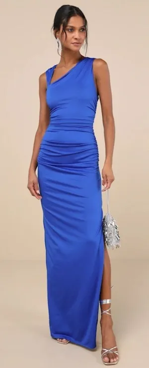 NWT Lulus Enticing Darling Royal Blue Asymmetrical Ruched Maxi Dress Gala Sz XS thumbnail 1