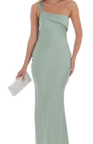 Lucy in the Sky Satin One Shoulder Tassel Maxi Dress in Sage Green thumbnail 1