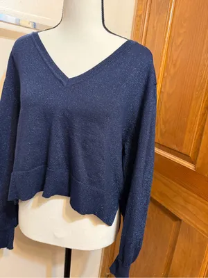 Sam Edelman | Navy Sparkle V-Neck Crop Sweater thumbnail 5