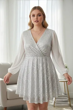 Women White Sequin Mini V Neck Loose Dress thumbnail 1