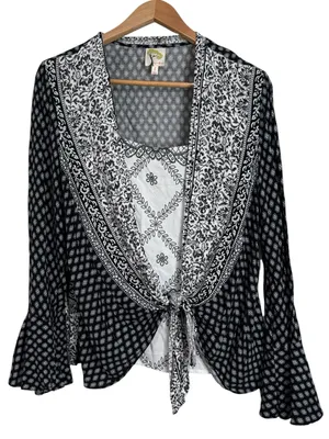 Fig and Flower Layered Boho Mixed Print Tie-Front Bell Long Sleeve Blouse size L thumbnail 1