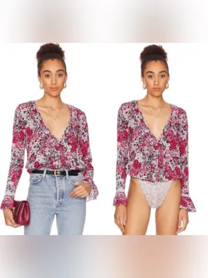 Free People Heat Wave Bodysuit Rose Garden Floral Long bell sleeve Sz S thumbnail 2