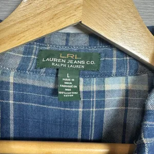 LRL Lauren Jeans Co Womens Shirt Large Button Down Blouse LongSleeve Plaid Blue thumbnail 3