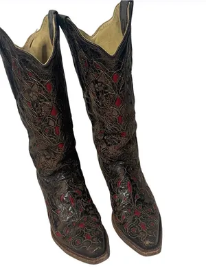 CORRAL Black Crackle Red Inlay Snip Toe Western Cowboy Boots Size 8M A1951 thumbnail 2
