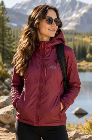 REI Co-Op Flash Insulated Hybrid Lightweight Packable Burgundy Hooded‎ Jacket thumbnail 1