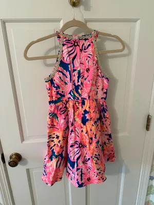 Lilly Pulitzer Girl’s Pink Floral Halter Dress with Embellished Neckline - Sz 10 thumbnail 5