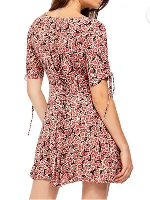 Free People Lace Up Mini Black Combo Dress Buttoned Front Ditsy Floral Print S thumbnail 3