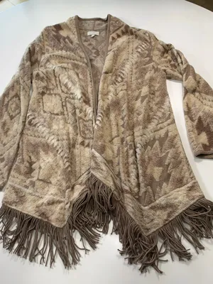 Lucky Brand Taupe & Beige Patterned Fringe Open Cardigan Size Large thumbnail 2