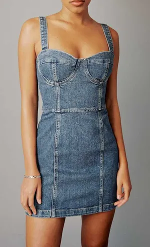 Reformation Nikki Bustier Denim Mini Dress in Blue Jean thumbnail 1