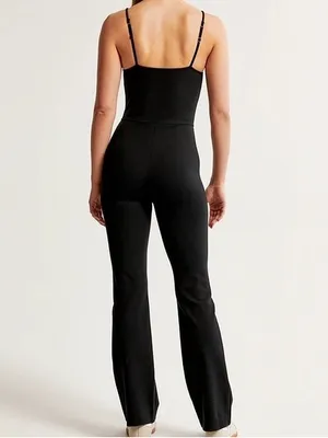 A&F Women's Ponte Unitard Flare Jumpsuit in Black thumbnail 2