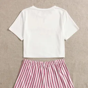 SHEIN Slogan And Stripe Print Pajama Set thumbnail 4