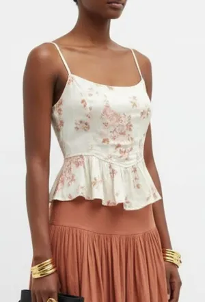 Free People Ivory Floral Print Sleeveless Cropped Corset Peplum Boho Top XS thumbnail 1