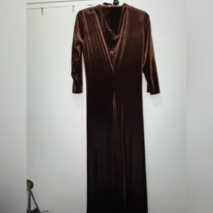 2000s Y2K Moda International chocolate brown velvet faux wrap maxi dress large thumbnail 2