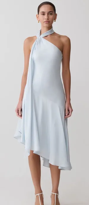 NWT Meshki Evelina Halter Asymmetric Hem Midi Dress Ice Blue Light Blue XS thumbnail 1