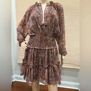 Olivaceous Brown, Blue and Tan Dress with Elastic Waist and Tiered Small thumbnail 4