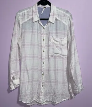Free People No Limits Linen Button Up Women M White Lavender Plaid Beachy Boho thumbnail 1