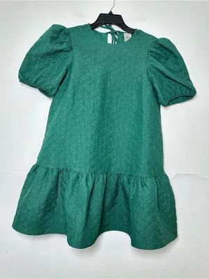 Anthropologie Maeve Green Drop Waist Jacquard Quilted Puff Sleeve Mini Dress Oversize Size M thumbnail 9