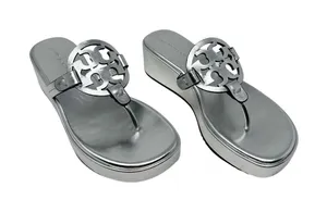 Tory Burch Miller Silver Metallic Leather Platform Wedge Sandals Logo Thong 7 thumbnail 1