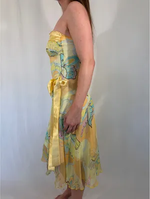 Whimsical Fairy Vintage Butter Yellow Strapless Butterfly Print Dress thumbnail 3