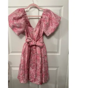 NWOT Meet Me in Santorini Cheers to Us Light Pink Floral Jacquard Mini Dress, XS thumbnail 9