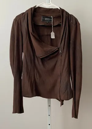 BNCI by Blanc Noir Moody Shabby Chic Moto Asymmetric Faux Suede Drape‎ Jacket M Brown thumbnail 1