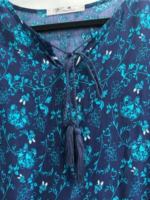 Blossom by P Blue Boho Floral Tunic Top Elephant Border Tassel Tie Size Medium M thumbnail 6