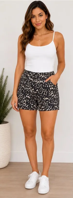 Leopard Print Women’s High-Rise Shorts - Black/Cream thumbnail 1