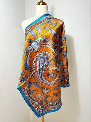 Vintage Orange and Blue Paisley Scarf – Large Square Fashion Accessory thumbnail 2