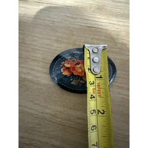 Vtg Signed Hand Painted Russian Black Lacquer Floral Orange Red Yellow BroochPin thumbnail 4