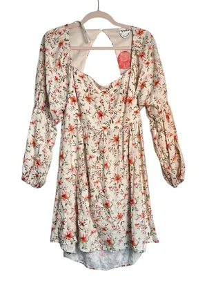 Arula‎ Cream Floral Linen Blend Long Sleeves Open Back Swing Mini Dress XL thumbnail 1