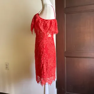 NBD x NAVEN | Allie Red Orange Lace Cocktail Dress Off Shoulder Sheer | Small thumbnail 5