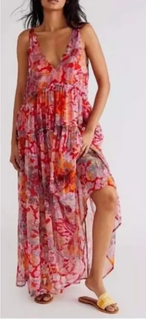 Free People Julianna Maxi Dress Small Red Floral Tiered Chiffon Sheer Boho Chic thumbnail 1