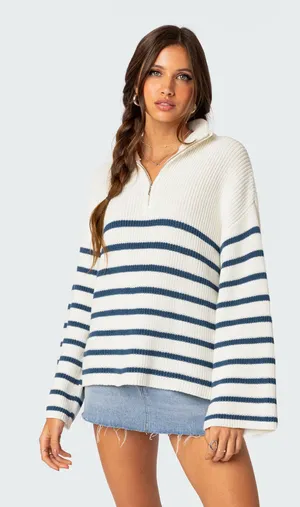 Edikted White Quarter-Zip Blue Striped  thumbnail 1