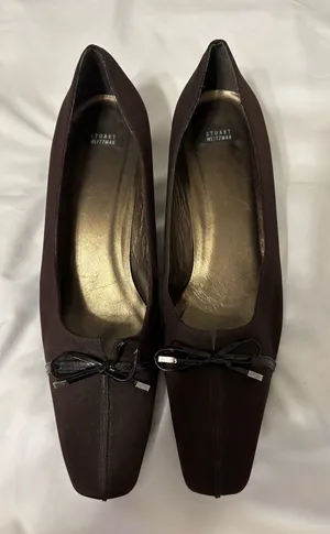 Stuart Weitzman Brown Square Toe Kitten Heel Pumps Patent Bow Women’s 11B thumbnail 1
