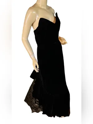 Vintage 1980'S Black Velvet Strapless Mermaid Dress W/Gold Lace Train (M) thumbnail 6