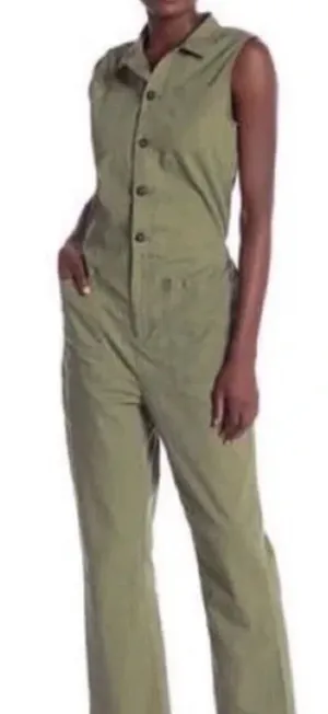 Fourteenth Place Sleeveless Olive Utility Romper with Front Buttons thumbnail 1