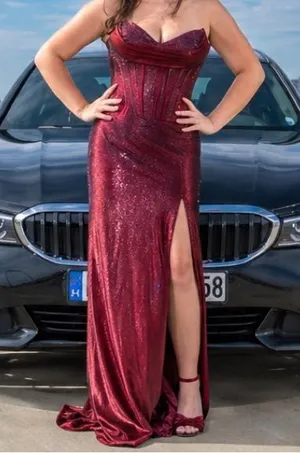 Sherri Hill Size 12 Burgundy Prom Dress – Satin Corset Mermaid Gown w/ Slit thumbnail 1