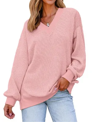 Boutique Waffle Knit Womens V-Neck Long Sleeve Pullover Casual Outfits Loose Top M thumbnail 1