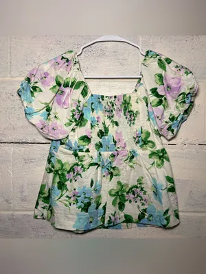 Old Navy White Floral Puff-Sleeve Square Neck Top - Blue & Green thumbnail 5