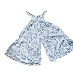 Boho Me crop wide leg JUMPSUIT XS smocked paisley floral shabby chic BLUE WHITE thumbnail 2